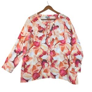 JM Collection Orange Pink Floral 100% Linen Button Up Blouse Size 8 Career Work